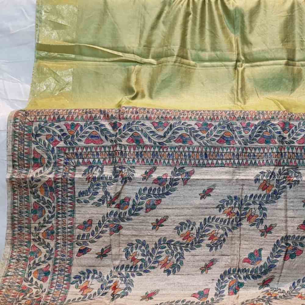 Tussar Saree with Madhubani Bride, Doli, and Kaahar Painting